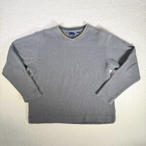 Gap Mens Sweater Gray & Yellow Knit V-Neck Pullover 90s Casual V Neck Size Small
